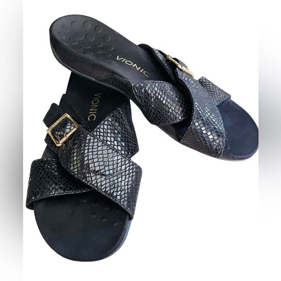 Vionic Sandal Dorie Size 9, Black Leather Snake Print Slide On Sandal w/buckle - Picture 4 of 6